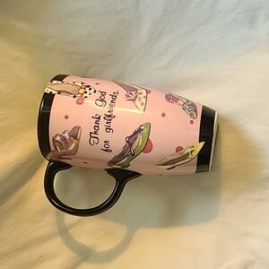 Large Coffee Tea Cup  says thank God  for girl friends...overall design of shoes